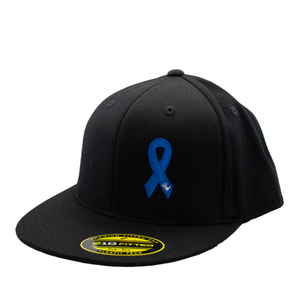 Child Abuse Awareness Hat Flat Bill w/ Awareness Ribbon and Protect The Children Inc Front